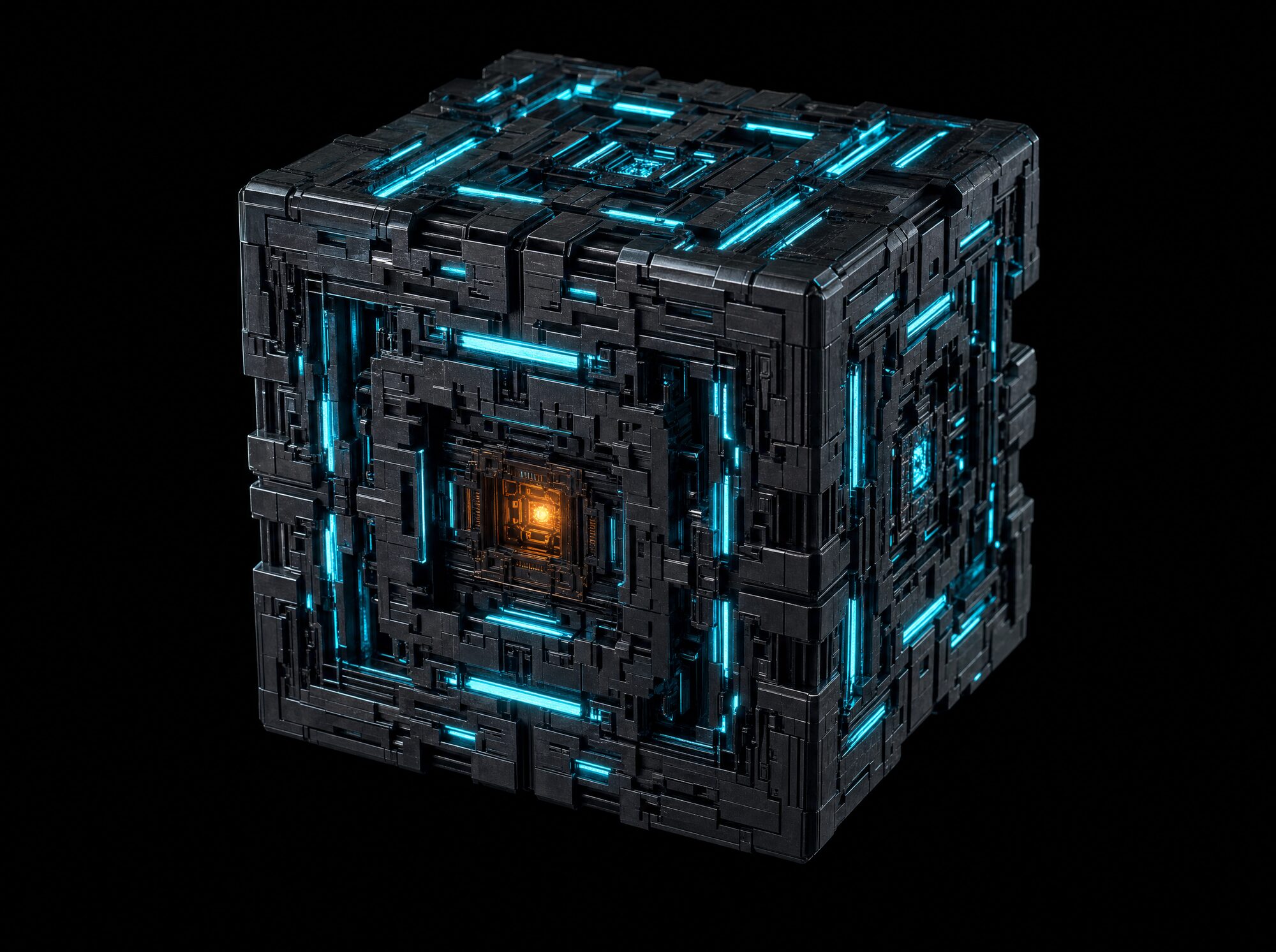 A cube of black lattice with cyan light inside