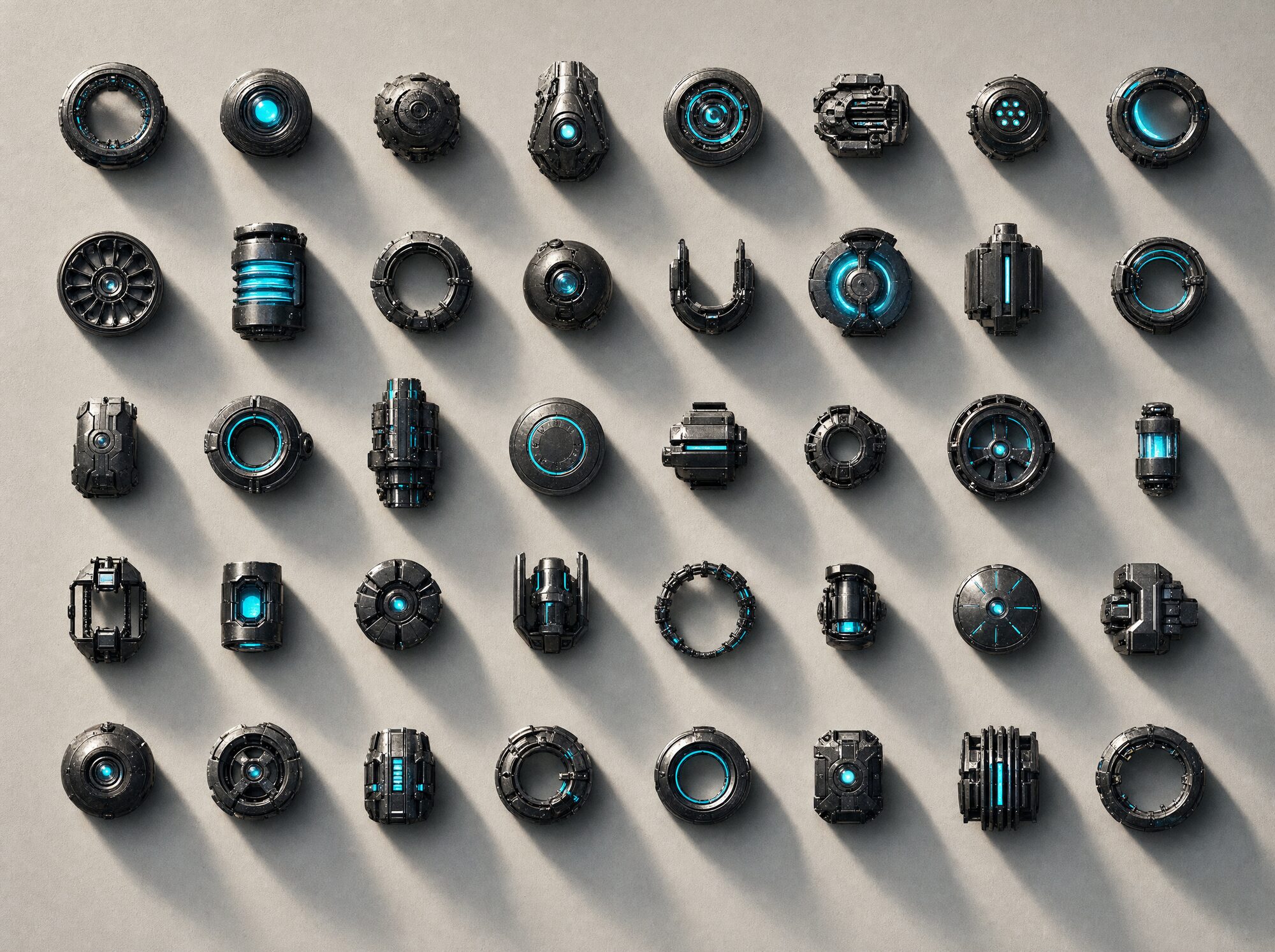 A grid of black alien machine components with cyan accents